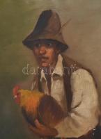 Mesterházy Dénes (1900-1949 körül): Csirkefogó. Olaj, vászon, jelzett. Dekoratív, sérült fakeretben,...