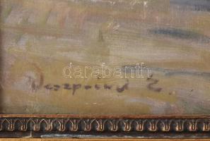 Veszprémi Endre (1925-2013): Alföldi táj. Olaj, farost. Jelzett. Dekoratív, üvegezett, kissé sérült ...