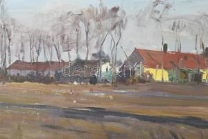 Veszprémi Endre (1925-2013): Alföldi táj. Olaj, farost. Jelzett. Dekoratív, üvegezett, kissé sérült ...