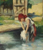 Olvashatatlan (Sutor F?) jelzéssel: Mosónők. Olaj, vászon. Fakeretben. 60x80 cm