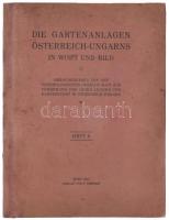 1913 Die Gartenanlagen Österreich-Ungarns in Wort und Bild. Heft 5. Hrsg. von der Dendrologischen Gesellschaft zur Förderung der Gehölzkunde und Gartenkunst in Österreich-Ungarn. Wien, 1913, F. Tempsky, 1-14; 21-40, 43-64 p.+ 3 t. + 3 (kihajtható mellékletek) t. A kötet öt híres magyar főúri kastélyt és parkjukat mutatja be: Kismarton, Eszterháza, Nagycenk, az Erdődyek vépi, illetve a Festetichek bogáthi kastélyát. Kiadói papírkötés, restaurált példány, a lapszéleken kis szakadásokkal, hiányos: csak 3 tábla és 3 melléklet, de több lap is hiányzik: 4 lap hiánnyal! Rendkívül ritka! Aukción eddig csak egyszer szerepelt.