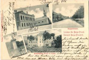 1901 Borgóprund, Borgó-Prund, Prundu Bargaului; Hauptstrasse, Kunstmühle Kisch & Comp. / Fő utca, szálloda, Kisch féle műmalom, emlékmű. J. Chencinski kiadása / main street, hotel, mill, monument + "BESZTERCE P.U." "BESZTERCZE - DEES 114. SZ. A" vasúti mozgóposta bélyegző (EK)