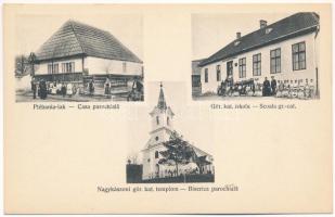 Nagykászon, Kászonaltíz, Kászon, Plaiesii de Jos (Hargita); Plébánia lak, görög katolikus templom és iskola. Bogdán Arthur fényképés / Casa parochiala, Biserica i scoala gr.-cat. / parish, Greek Catholic church and school (kis szakadás / tiny tear)