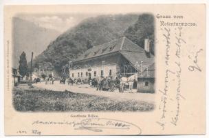 1904 Vöröstoronyi-szoros, Roter-Turm-Pass, Pasul Turnu Rosu; Gasthaus Billes / Billes féle vendéglő, lovaskocsi. Lichtdruck v. Jos. Drotleff. Phot. E. Fischer / restaurant, inn, horse-drawn carriage