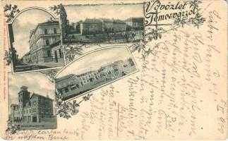 1900 Temesvár, Timisoara; Állami reál iskola, Losonczy tér, Jenő herceg tér, Városi tűzoltótorony. Kossak József udvari fényképész kiadása / school, square, fire tower. Art Nouveau, floral (EK)