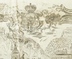 1800 Ehrenbreitstein (Koblenz mellett) város képével illusztrált nagyméretű rézmetszetű céhlevél, né...