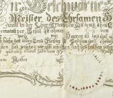 1800 Ehrenbreitstein (Koblenz mellett) város képével illusztrált nagyméretű rézmetszetű céhlevél, né...