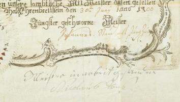 1800 Ehrenbreitstein (Koblenz mellett) város képével illusztrált nagyméretű rézmetszetű céhlevél, né...