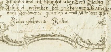 1800 Ehrenbreitstein (Koblenz mellett) város képével illusztrált nagyméretű rézmetszetű céhlevél, né...