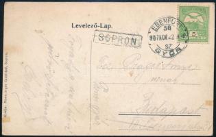 1907 Képeslap &quot;EBENFURT / GYŐR&quot; + &quot;SOPRON&quot; vasúti bélyegzésekkel / Postcard with railway postmarks