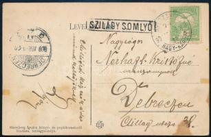 1909 Képeslap "KOLOZSVÁR / NAGY-KÁROLY" + "SZILÁGY SOMLYÓ" vasúti bélyegzésekkel / Postcard with railway postmarks