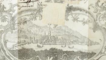 1800 Heidelberg város képével illusztrált nagyméretű céhlevél, német nyelven, papírfelzetes viaszpec...