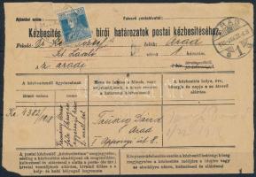 1919 Kézbesítési vevény a bírói határozatok postai kézbesítéséhez / Delivery receipt "ARAD"