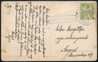 1916 Képeslap "GRAZ-GYŐR" vasúti mozgóposta + "KÖRMEND" pályaudvari bélyegzéssel / Postcard with railway postmarks