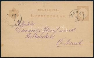 1885 2kr díjjegyes levelezőlap / PS-card "PADE"