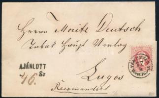 1871 3 x 5kr közte pár (a hátoldalon bontásnál elvágva) ajánlott levélen "TEMESVÁR Vorst. Fabrik" - Lugos, 1871 3 x 5kr on registered cover (2 x 5kr torned) "TEMESVÁR Vorst. Fabrik" - Lugos