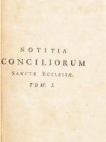 Joanne Cabassutio: Notitia Conciliorum Sanctae Ecclesiae. In qua elucidantur exactissime tum Sacri Canones, tum veteres, novique Ecclesia Ritus, tum praecipuae Partes Ecclesiastica Historiae. Tyrnaviae, 1764, Typis Collegii Academici Soc. Jesu. I. kötet. 352+24 p. Latin nyelven. Korabeli félbőr kötésben, kissé kopott gerinccel és borítóval, festett lapélekkel, restaurált címlapon korabeli ex libris bejegyzéssel, helyenként kissé foltos lapokkal.