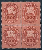 1946 Lovasfutár 500 ezer P négyestömb lemezhibával / Mi 890 block of 4 with plate variety