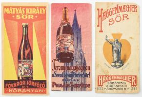 3 db Kőbányai sör (Haggenmacher, Mátyás Király, Szent István Porter Sör) számolócédula, változó állapotban