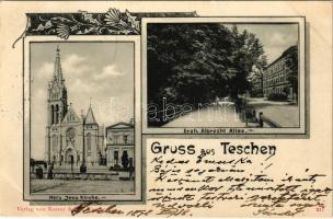 1898 (Vorläufer) Cieszyn, Teschen; Herz Jesu Kirche, Erzherzog Albrecht Allee / church, street view. Verlag von Kutzer &amp; Co. Art Nouveau, floral (EK)