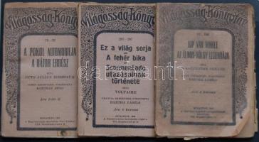 1918-1920 3db könyvecske a Világosság Könyvtár sorozatból, mint: Az álmosvölgy legendája, A pokol automobilja, A bátor erdész, az a világ sorja, A fehér bika és Scarmentado utazásainak története, enyhén szakadozott állapotban