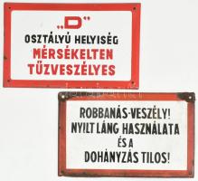 2 darab zománctábla: "D osztályú helyiség", "Robbanás-veszély!", kopással, sérüléssel, cca 39x25 cm