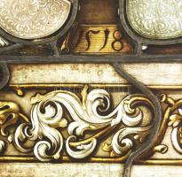 I. Ferdinánd császár és Jagelló Anna császárnő esküvőjének emlékére festett ólomüveg ablak, dísz. Os...