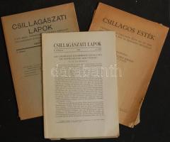 1940-1943 2db Csillagászati lapok és egy darab Csillagos esték című folyóirat vegyes minőségben illetve szignált szovjet linómetszet (50x80cm)