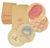 cca 1950-60 Vegyes magyar reklámtétel, 2 db papír tasak és 5 db céges emblémák csomagoló papírokról kivágva