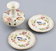 3 db: Zsolnay pillangó mintás váza m: 8 cm + 2 kis tálka d: 8 cm . Kézzel festett, jelzett, hibátlan
