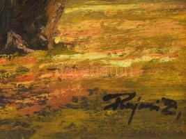 Rajczi Zoltán (1960-): árnyas fasor. Olaj, farost. Jelzett. Dekoratív fakeretben. 15x30 cm