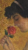 Horváth A jelzéssel, XX. sz. eleje: Hölgy rózsával. Olaj, vászon, sérült. Dekoratív, kissé sérült fa...