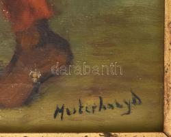 Mesterházy Dénes (1900-1949 körül): Kakastolvaj. Olaj, vászon, jelzett. Sérült. Dekoratív, sérült fa...