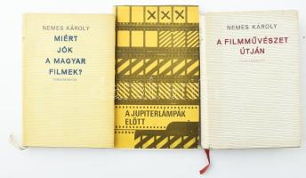 Karcsai Kulcsár István szerk.: A jupiterlámpák előtt + Nemes Károly: A filmművészet útján + Nemes Károly: Miért jók a magyar filmek? Kiadói papírkötés, illetve egészvászon kötés kiadói papír védőborítóval.