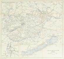 cca 1940 Magyarország vasúti térképe a visszatért felvidéki és kárpotéaljai területekkel, a hivatalos menetrendkönyv melléklete, Balatoni vasúti és hajózási térképpel, 1:1,200.000, valamint Budapest pályaudvarainak vázlatos térképével, tervezte Tallián Ferenc, a hátoldalán a MÁVAUT autobusz-vonalak átnézeti térképével, 1:1,200.000, kiadja: Bp., Magyar Földrajzi Intézet Rt., hajtott, 51x56 cm