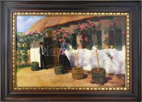 Pap Emil (1884-1955): Virágos udvar. Olaj, vászon, jelzett. Dekoratív fakeretben, 65x101 cm / oil on canvas, signed, framed. KIZÁRÓLAG SZEMÉLYES ÁTVÉTEL, NEM POSTÁZZUK! / ONLY PERSONAL COLLECTION AT OUR OFFICE!