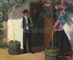 Pap Emil (1884-1955): Virágos udvar. Olaj, vászon, jelzett. Dekoratív fakeretben, 65x101 cm / oil on...