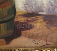 Pap Emil (1884-1955): Virágos udvar. Olaj, vászon, jelzett. Dekoratív fakeretben, 65x101 cm / oil on...