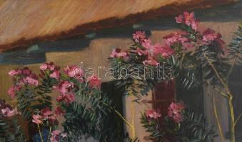 Pap Emil (1884-1955): Virágos udvar. Olaj, vászon, jelzett. Dekoratív fakeretben, 65x101 cm / oil on...