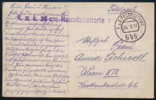 1917 KUK 46. Szegedi Gyalogezred temetője valahol a fronton, 38cm tüzér század tábori bélyegzővel
