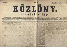 1848 A Közlöny c. újság július 3.-i száma a szabadságharc híreivel