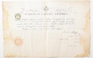 1875 Ügyvédi vizsga, 1 ft. Daruváry Alajos (1826-1912) jogász, egy időben a királyi Kúria másodelnöke, Szeyffert Ede (a tiszaeszlári per későbbi ügyésze), Darányi Ignác (1849-1927) jogász, politikus, későbbi miniszter autográf aláírásával Hajtva, foltos