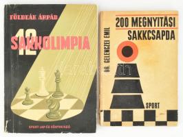 2 db sakk témájú könyv: Földeák Árpád: 12 sakkolimpia. (London 1927 - Moszkva 1956). Bp., 1958, Sport. Első kiadás. Kiadói papírkötés, kissé sérült borítóval, intézményi bélyegzőkkel. Megjelent 2700 példányban. + Dr. Gelenczei Emil: 200 megnyitási sakkcsapda. Bp., 1967, Sport. Harmadik, javított és bővített kiadás. Kiadói papírkötés, kissé sérült borítóval, a gerincen kisebb hiánnyal, helyenként kis lapszéli ázásnyomokkal.