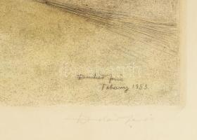 Dudás Jenő (1900-1991): Tihany. Színezett rézkarc, papír, jelzett, számozott , 29x38 cm Üvegezett ke...