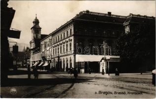 Brassó, Kronstadt, Brasov; Strada Principele Carol cu Transilvania / utcakép, templom, kávéház / street, church, cafe. Union