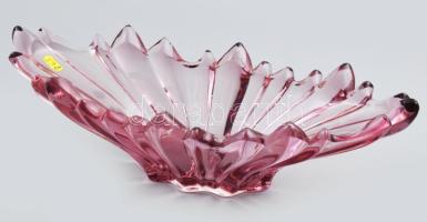 Antik cseh lilán színezett kristályüveg kínálótál, karélyosan osztott, formába öntött, jelzés nélkül, 40x18x11 cm