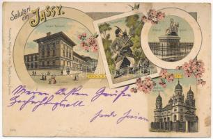 1898 (Vorläufer) Iasi, Jasi, Jassy, Jászvásár; Liceul National, Dorobantul, Statua Asaki, Biserica Metropolei / school, monument of Gheorghe Asachi, church. Art Nouveau, floral, litho (fl)