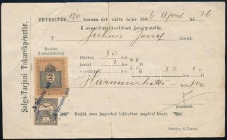 1906 Számla Turul 1f és okmánybélyeggel illetékelve / postal and fiscal stamp on invoice