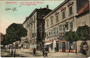 1910 Temesvár, Timisoara; Jenő herceg tér, Belváros, Temesvári Kereskedelmi Részvénytársaság váltó üzlete / square, shops, exchange bank (fl)