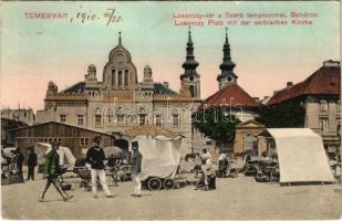 1910 Temesvár, Timisoara; Losonczy tér a Szerb templommal, Belvárosi piac, csendőr. Moravetz testvérek kiadása / square, Serbian church, market, gendarme